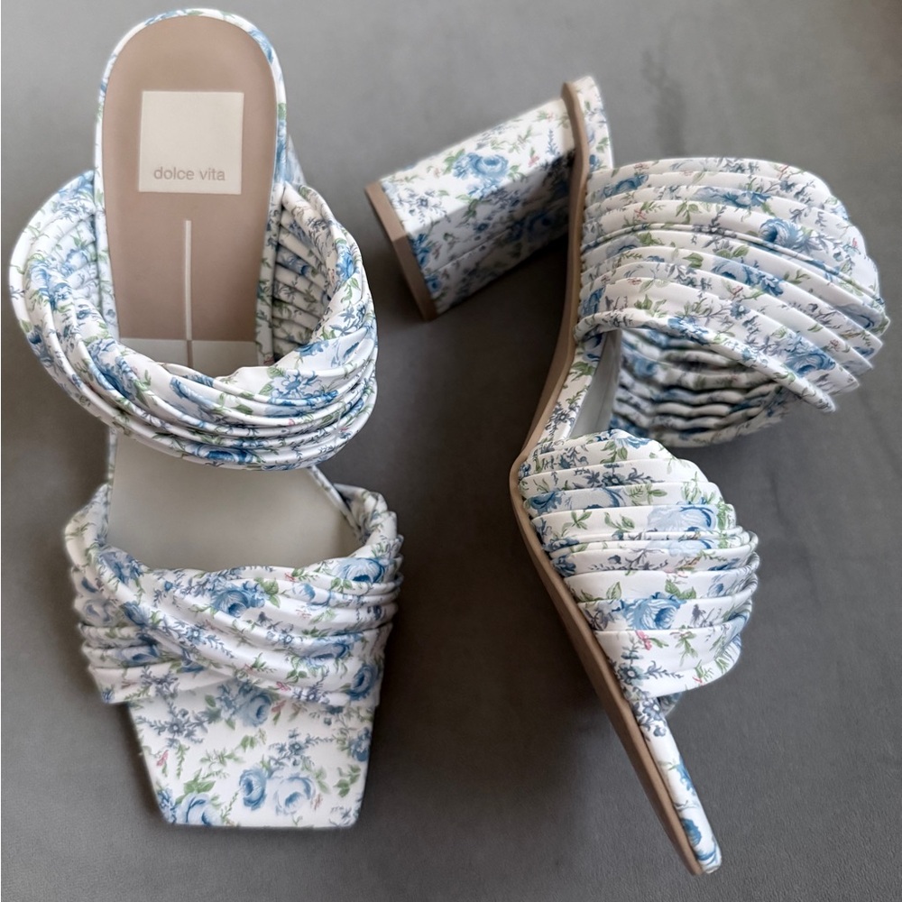 Dolce Vita White Floral Blue Strappy Mules